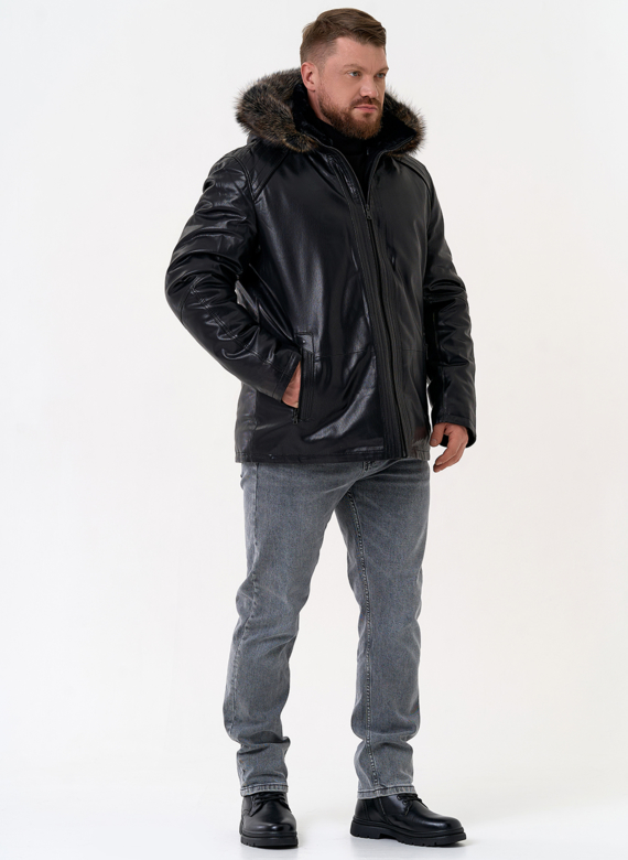 Пуховик из эко кожи с капюшоном из меха енота Пуховик из эко кожи с капюшоном из меха енота