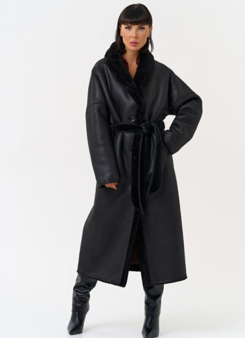 Женская двухсторонняя дубленка из эко замши с воротником шаль Женская двухсторонняя дубленка из эко замши с воротником шаль