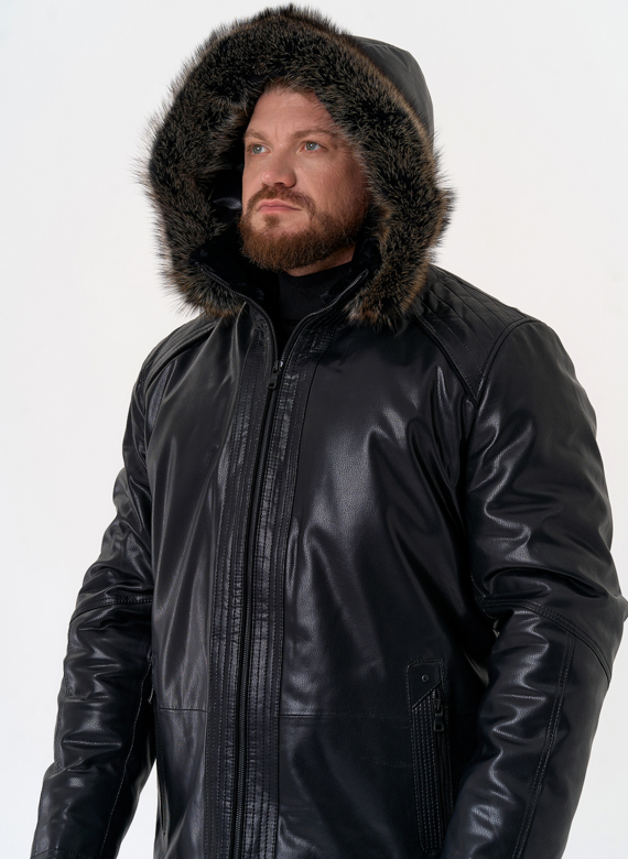 Пуховик из эко кожи с капюшоном из меха енота Пуховик из эко кожи с капюшоном из меха енота