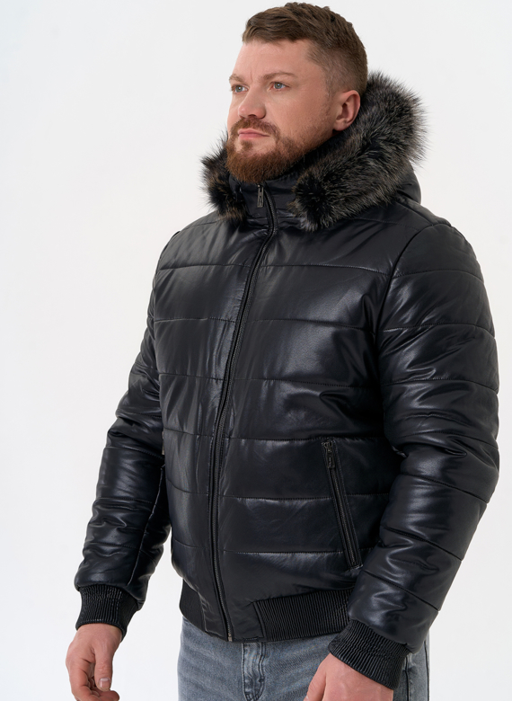 Пуховик из эко кожи черного цвета  Пуховик из эко кожи черного цвета