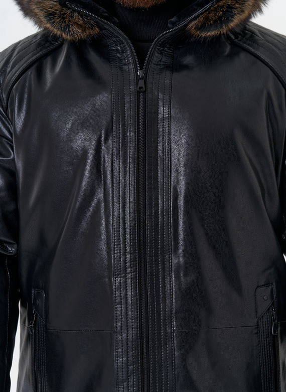 Пуховик из эко кожи с капюшоном из меха енота Пуховик из эко кожи с капюшоном из меха енота