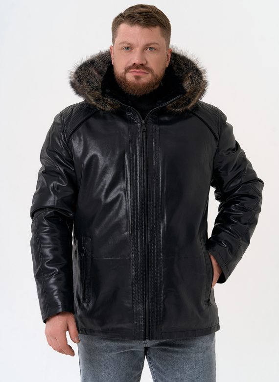 Пуховик из эко кожи с капюшоном из меха енота Пуховик из эко кожи с капюшоном из меха енота