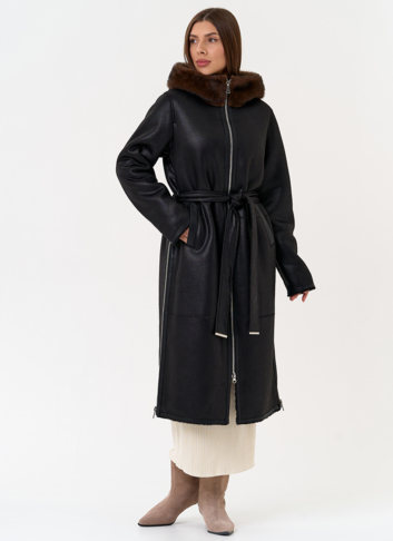 Женская дубленка из эко замши с поясом Женская дубленка из эко замши с поясом