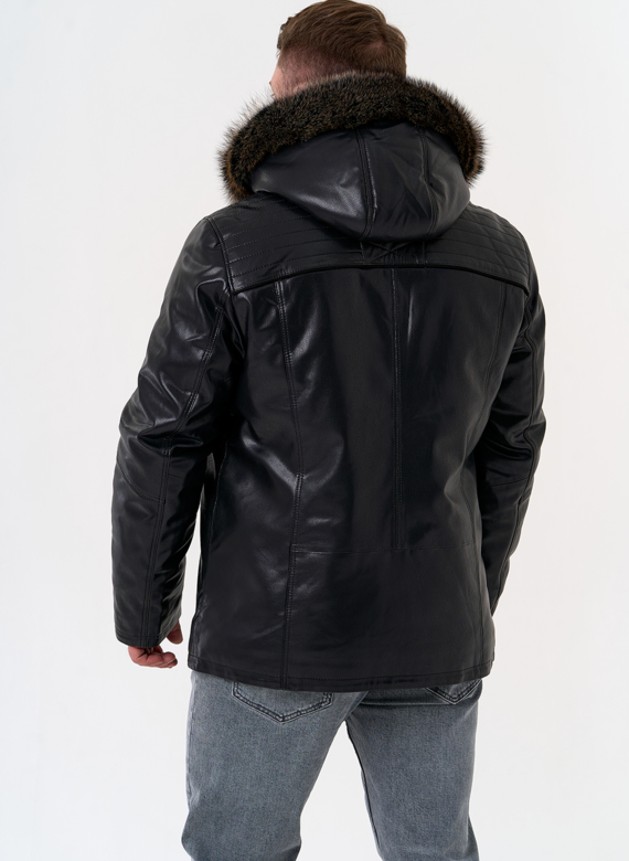 Пуховик из эко кожи с капюшоном из меха енота Пуховик из эко кожи с капюшоном из меха енота