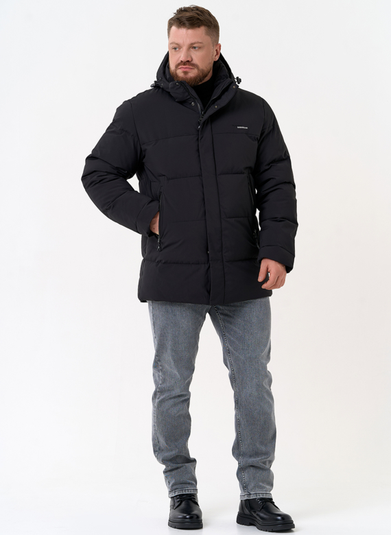 Мужской пуховик черного цвета с капюшоном Мужской пуховик черного цвета с капюшоном