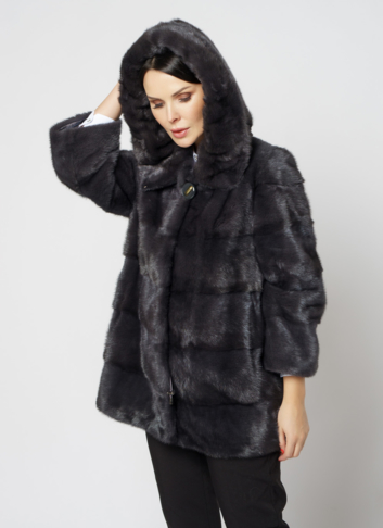 Норковая шуба в цвете графит с капюшоном  Норковая шуба в цвете графит с капюшоном