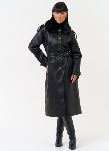 Женское утепленное пальто из экокожи с воротником из эко меха Женское утепленное пальто из экокожи с воротником из эко меха