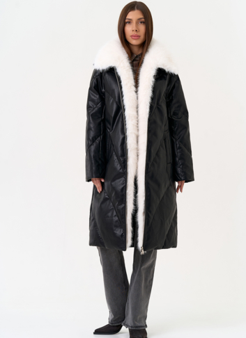 Женский пуховик из эко кожи с отделкой из эко меха Женский пуховик из эко кожи с отделкой из эко меха