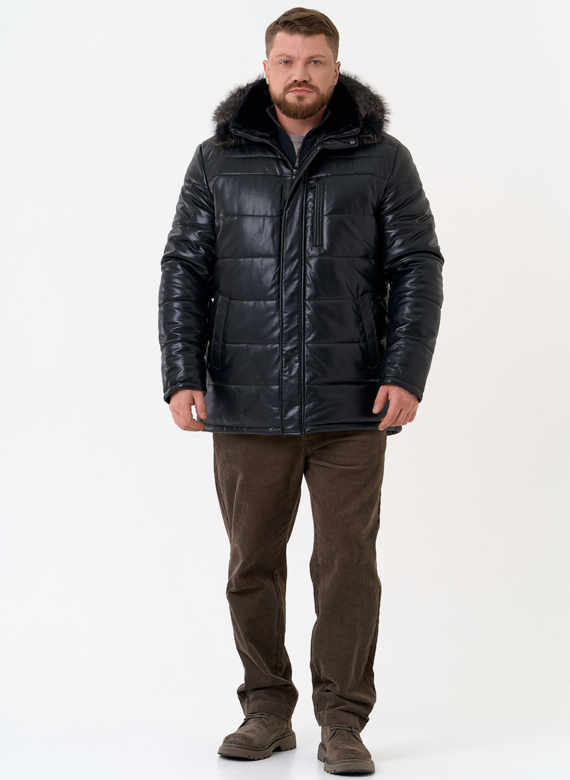 Пуховик из эко кожи с капюшоном из меха енота Пуховик из эко кожи с капюшоном из меха енота