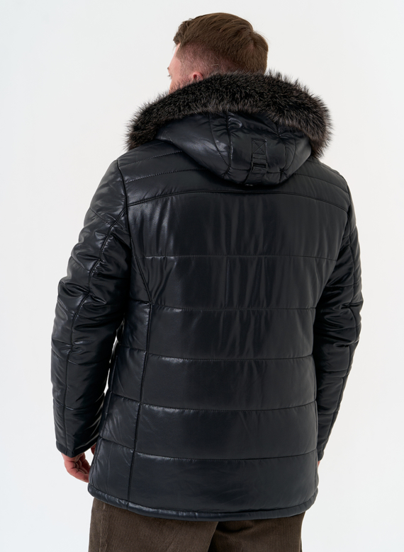 Пуховик из эко кожи с капюшоном из меха енота Пуховик из эко кожи с капюшоном из меха енота