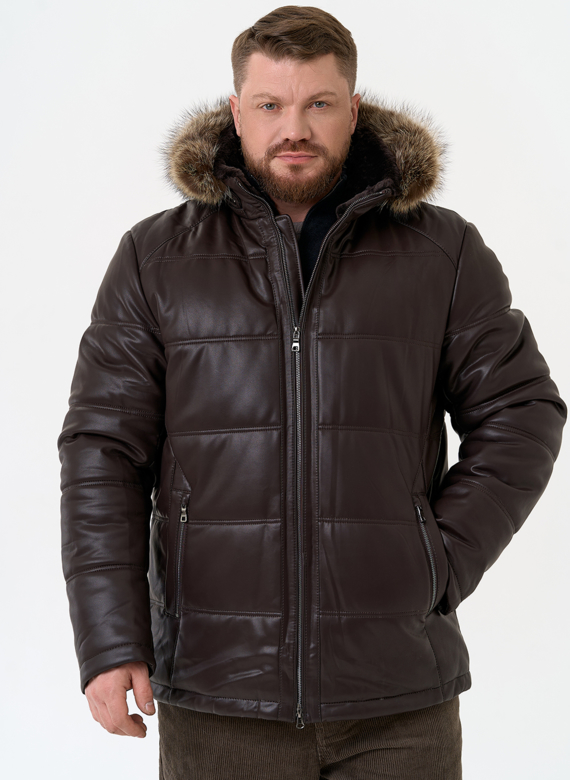 Пуховик из эко кожи с капюшоном из меха енота Пуховик из эко кожи с капюшоном из меха енота