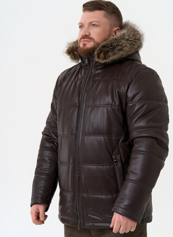 Пуховик из эко кожи с капюшоном из меха енота Пуховик из эко кожи с капюшоном из меха енота