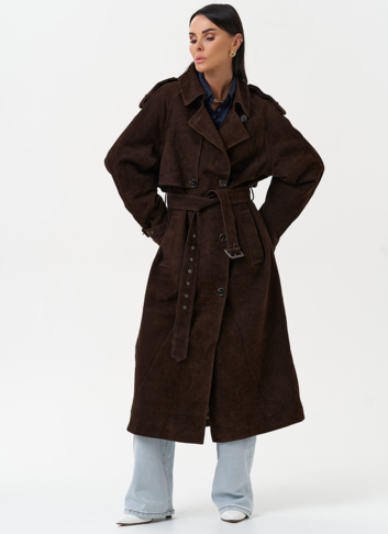 Длинный плащ из натуральной замши коричневого цвета Длинный плащ из натуральной замши коричневого цвета