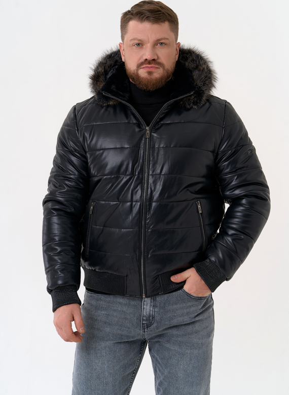 Пуховик из эко кожи черного цвета  Пуховик из эко кожи черного цвета